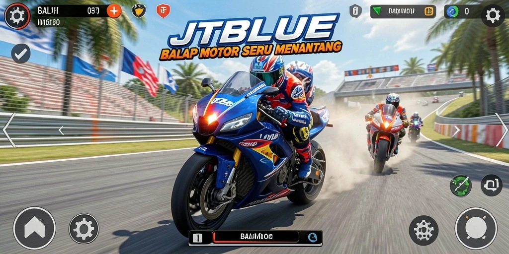 Antarmuka permainan JTBLUE saat balapan motor yang mendebarkan.