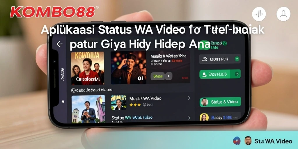 Antarmuka aplikasi KOMBO88 yang menampilkan berbagai pilihan video status WA.