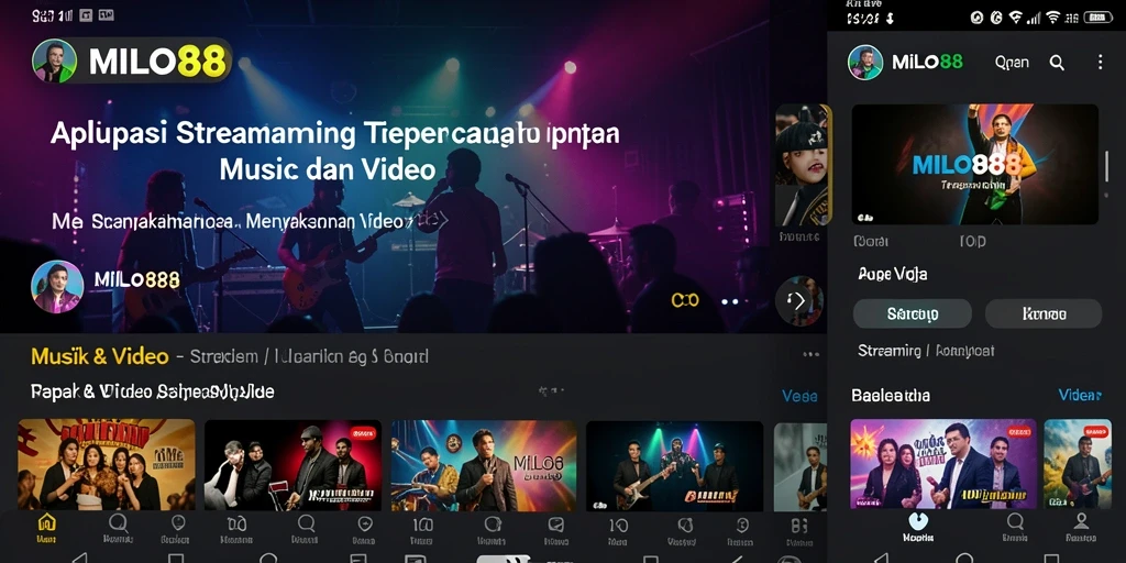 Antarmuka aplikasi MILO88 dengan berbagai pilihan musik dan video.
