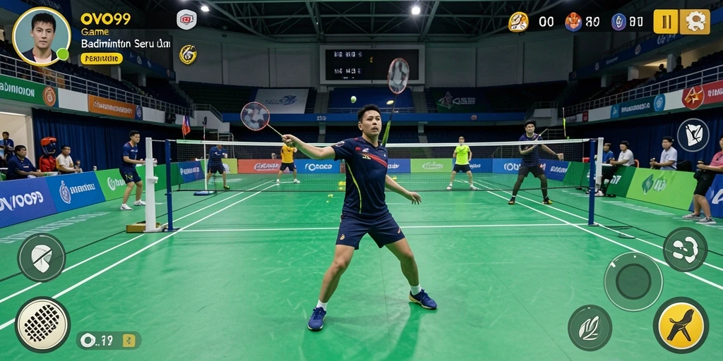 Tampilan antarmuka OVO99 saat pertandingan Badminton yang seru.
